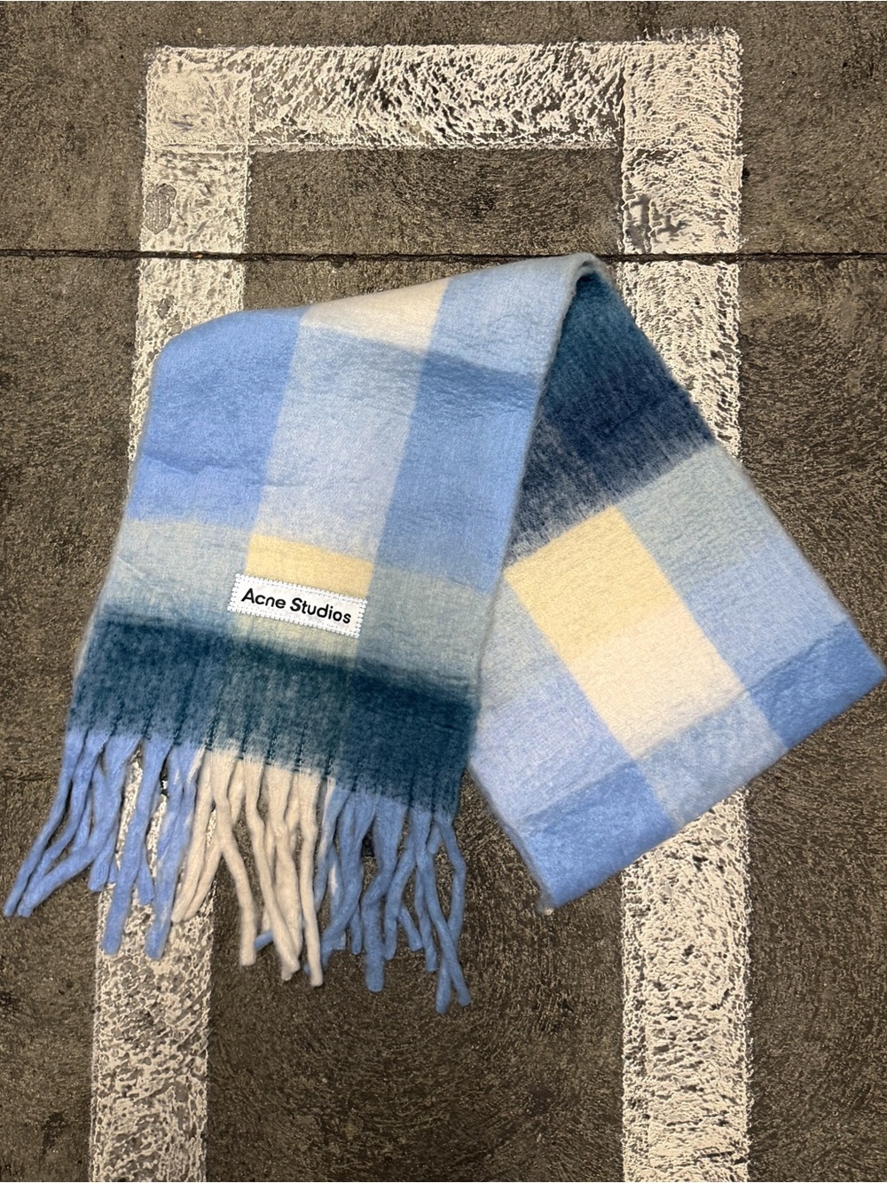 Acne Studio Blue and Cream Plaid Fringe Scarf